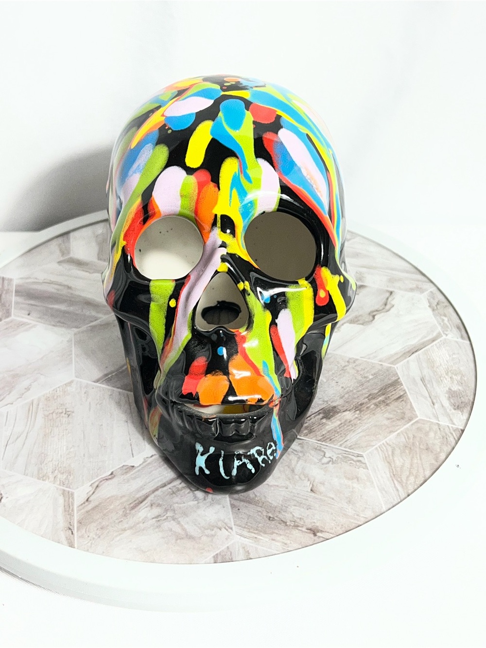 Hand Painted Skull Decor Graffiti Art Black Neon Drip Sculpture 6in
